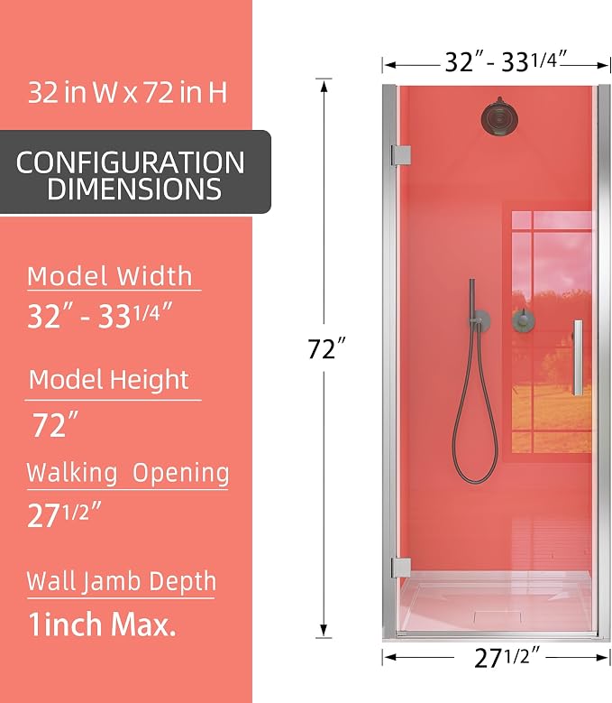 GETPRO Frameless Pivot Shower Door 32 in. W x 72 in. H Swing Single Small - Image 9