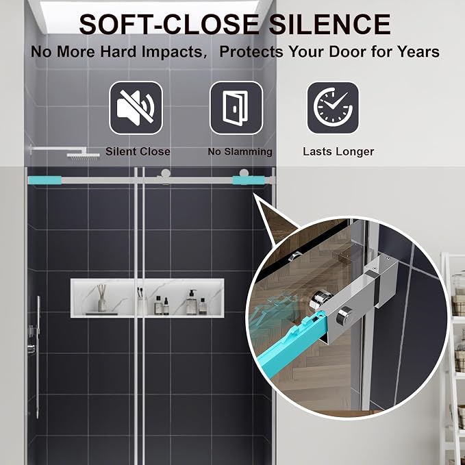 Luxury Soft-Closed Frameless Sliding Shower Door, 58–60" W x 76" H, 3/8" - Image 5