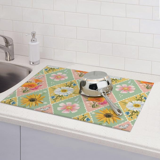 Daisy Flowers Dish Drying Mat 18x24 Inch, Microfiber Absorbent Fast Dry Mat - Image 6