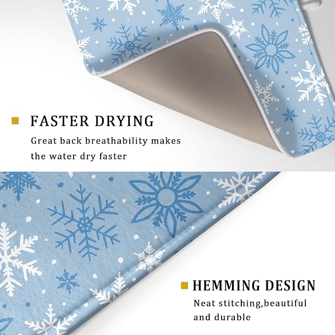 Winter Dish Drying Mat for Kitchen Counter 18x24 Blue White Snowflake Holiday - Image 3