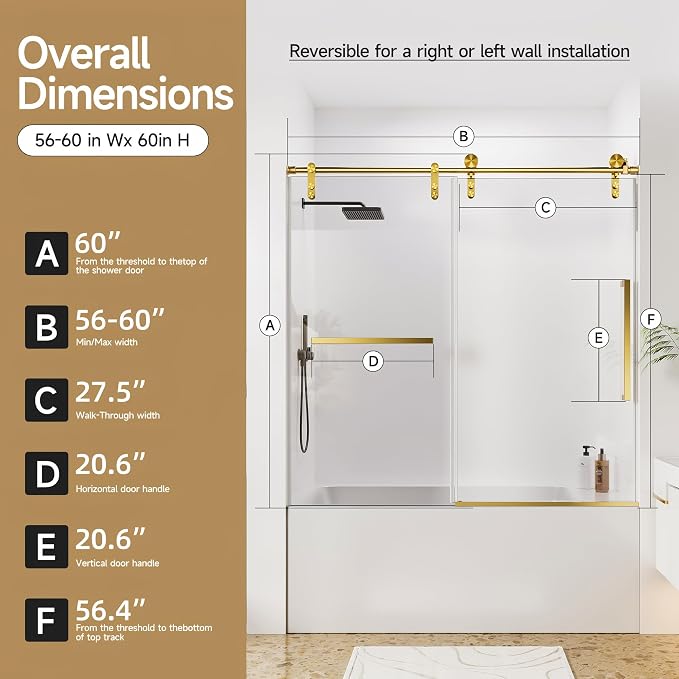 Frameless Bathtub Shower Door, 56-60" W x 60" H Single Sliding Tub Shower Glass - Image 8