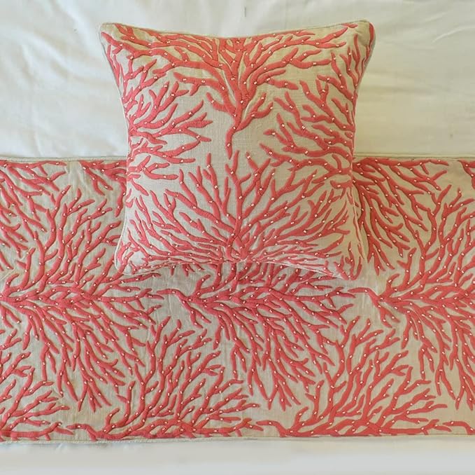 The HomeCentric King/Queen/Twin Coral, Peach & Pink Designer CA King 86"x18" Bed Runner with Pillow Cover, Coral, Pearl Embroidery, Under The Sea & Beach Theme on Linen Fabric - Coraline Pearls