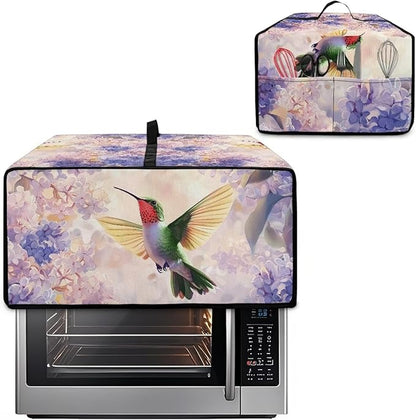 Hummingbird Hydrangea Floral Print Dust Cover for Microwave Oven Waterproof Heavy Duty Microwave Oven Cloth Cover with Storage Pockets Kitchen Appliance Protector, M