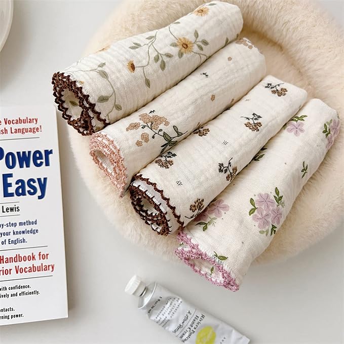 BuLuTu 4 Pack Cotton Muslin Cleaning Towels Shabby Chic Floral Washcloths - Image 2