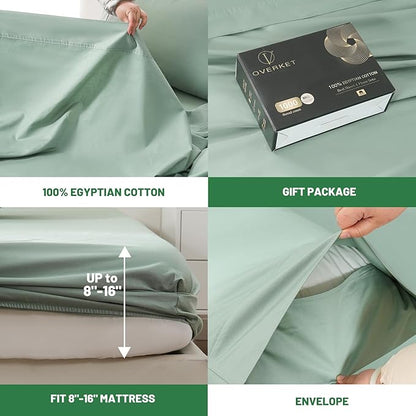 100% Egyptian Cotton Sheets King Size 1000 Thread Count Sateen Weave Soft Breathable 16-Inch Deep Pocket 4PCS（King,Sage Green）