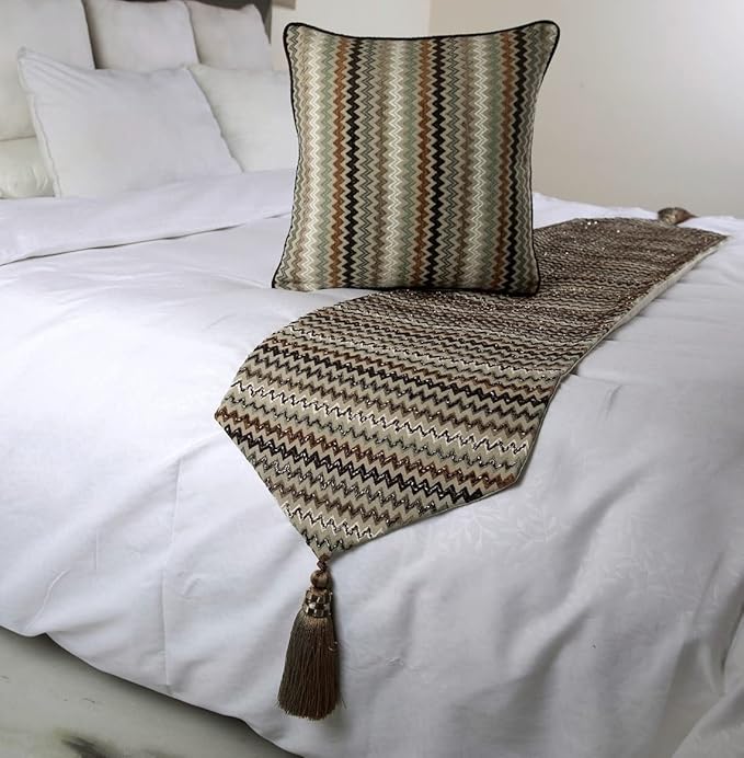The HomeCentric Decorative Designer Handmade Bed Runner Without Pillow Cover, 86 x 18 Inch Velvet Designer CA King Size Bed Scarf with Tassle & Bead Embroidered Bed Linen Foot Warmer - Chevron Fun