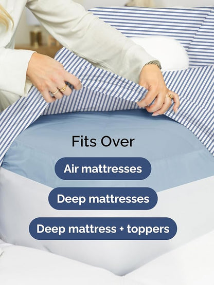 Extra Deep Full Fitted Sheet - Hotel Luxury Single Fitted Sheet Only - Easily Fits 18 inch to 24 inch Mattress - Ultra Soft, Wrinkle Free with Extra Deep Pockets - Breathable & Comfy - Blue Stripes