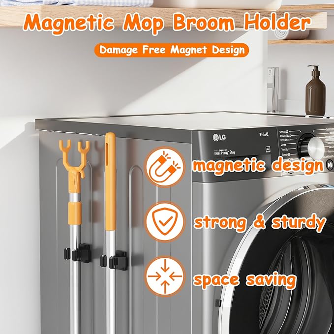 4 Pack Strong Magnetic Mop Broom Holder, Heavy Duty Magnetic Broom Mop Hanger - Image 2