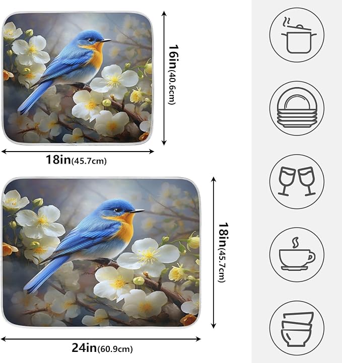 Spring Blue Yellow Flower Bluebird Butterflies Dish Drying Mat - Image 2