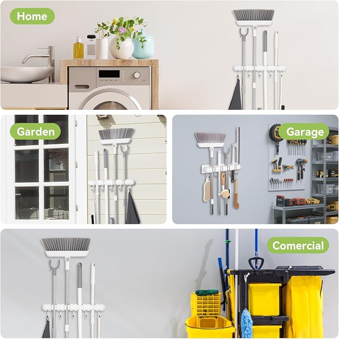 OTraki Broom Holder Wall Mount, Heavy Duty Wood Mop and Broom Organizer - Image 3