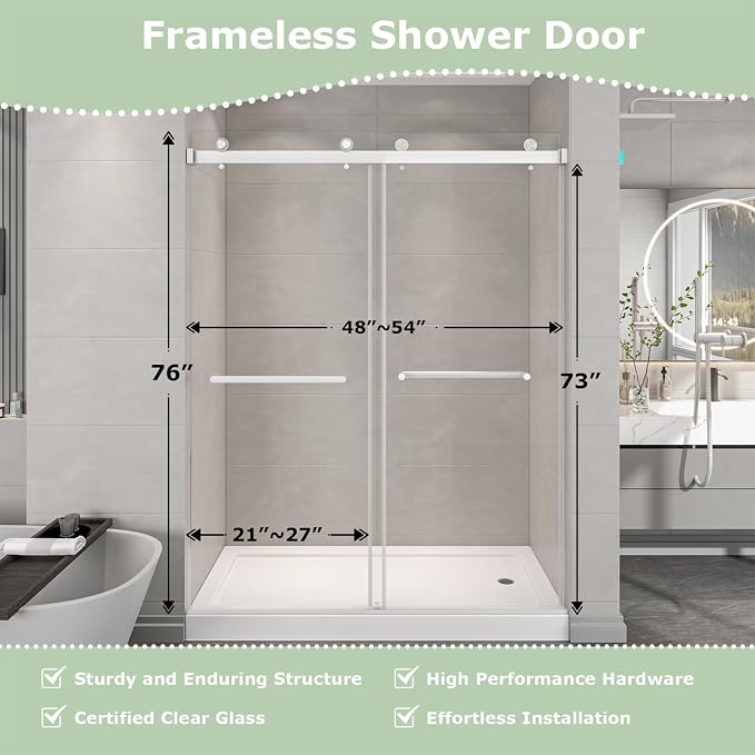 49"- 54" W x 76" H Frameless Shower Door, Double Sliding Shower Door, 5/16" - Image 3