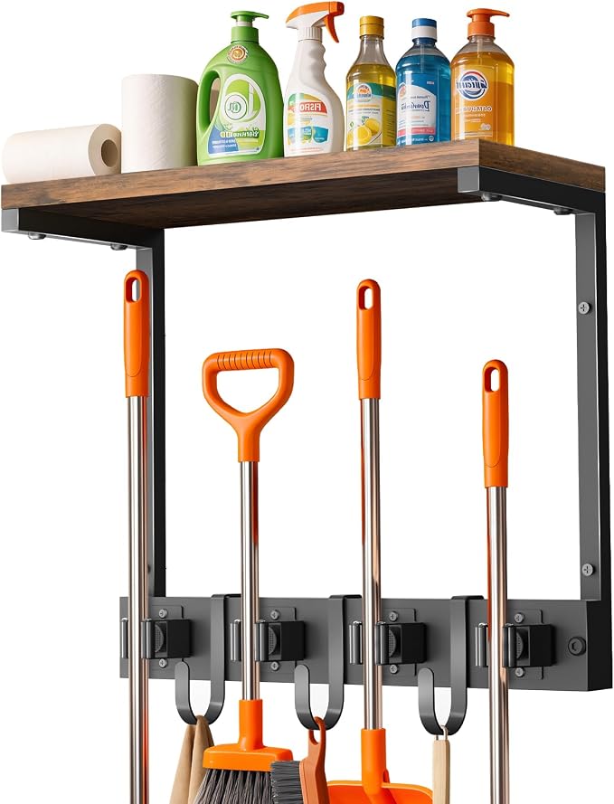 Broom Holder Wall Mount with Top Wooden Shelf, Heavy Duty Metal Cleaning by Supforce
