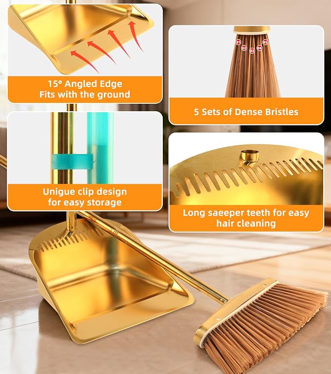 Gold Stainless Steel Broom and Dustpan Set, 2-Piece Long Handle Standing Pan - Image 7