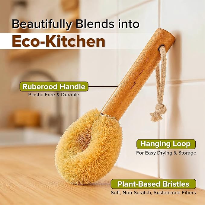 Coconut Fiber Dish Brush with Handle – Natural Dish Scrubber Brush - Image 2