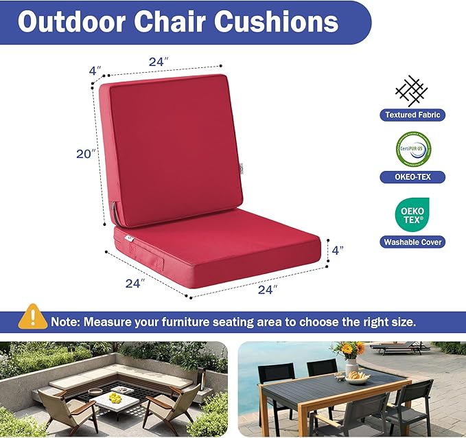 Outdoor Chair Cushions, Christmas Red Patio Chair Cushions 24x24x4 Inch, Waterproof Outdoor Cushions with Removable Cover for Sofa, Fade Resistant Patio Cushions for Outdoor Furniture