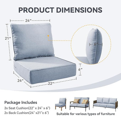 Outdoor Cushion Set for Furniture Patio Furniture, UV Resistant, Water Resistant - 6 Inch Thick Foam Garden Cushions– 22x24 Inch Patio Seat Covers for Chair/Sofa/Couch | Baby Blue | 2-Pack |
