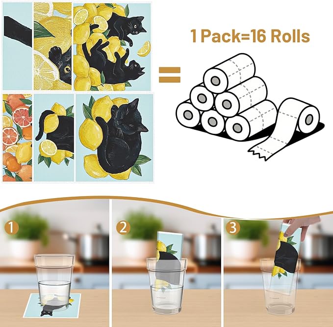 Swedish Dishcloths for Kitchen, 6 Pack Lemon and Balck Cat Reusable Dish Paper - Image 3