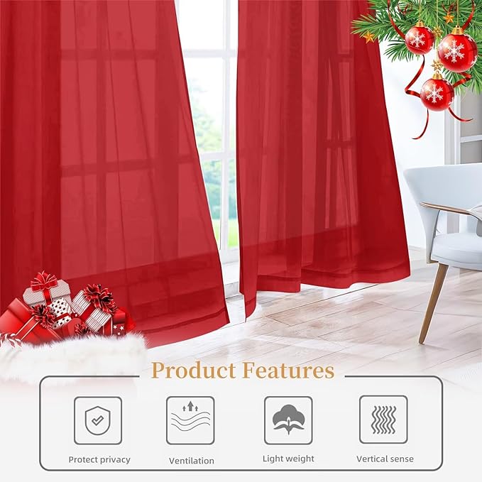 Sheer Curtains 72 Inches Long 2 Panels, Rod Pocket Short Curtain for Kitchen, Bedroom, Cafe Window(Christmas Red 38" W x 72" L)