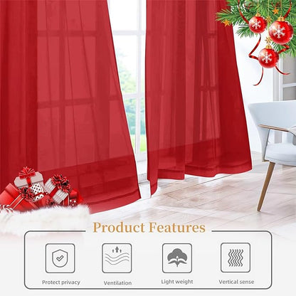 Sheer Curtains 72 Inches Long 2 Panels, Rod Pocket Short Curtain for Kitchen, Bedroom, Cafe Window(Christmas Red 38" W x 72" L)