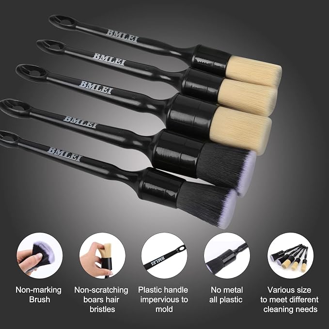 5pcs Car Detailing Brushes Set, Boars Hair Auto Car Detail Brush Kit No Scratch - Image 4