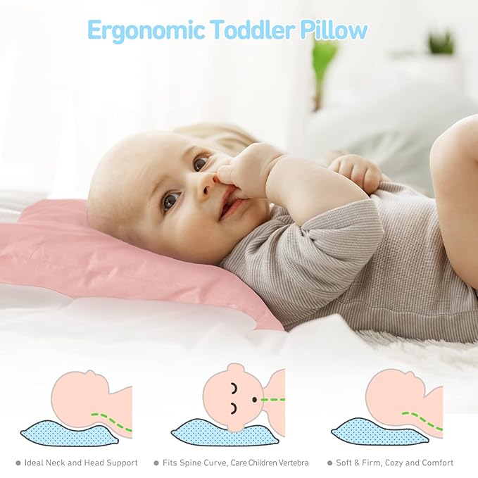 Babebay Toddler Pillow,13X18 Soft Kid Pillow for Sleeping, Machine Washable Toddler Pillow with Cotton Pillowcase, Age 2 to 5 (Pink)