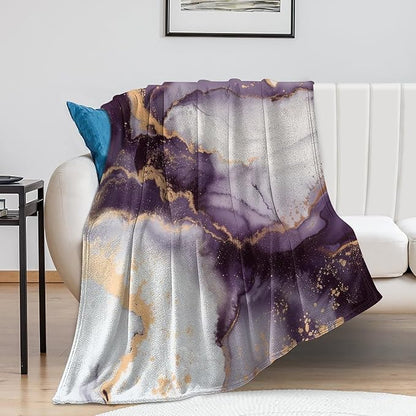 Modern Marble Blanket, Abstract Luxury Baroque Golden Purple White Stone Veins Pattern Soft Warm Cozy Plush Flannel Covers for Livingroom Bedroom Couch Chair Camping Travel Home Decor Tapestry 30x40in