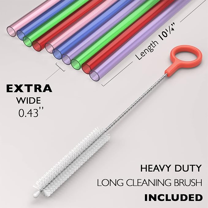 10 EXTRA WIDE Long Reusable Hard Plastic Drinking Straws + Cleaning Brush - Image 2