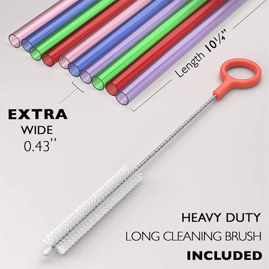 10 EXTRA WIDE Long Reusable Hard Plastic Drinking Straws + Cleaning Brush - Image 2