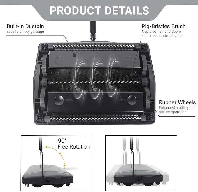 EZ SPARES Quiet Carpet Sweeper, Floor Sweeper - Image 3