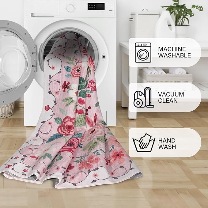 DUKINO 2x4 Rug for Entryway, Washable Kitchen Floral Runner Rug with Non Slip Backing, Low Pile Soft Boho Carpet for Kitchen, Hallway, Entryway, Laundry, Bedroom, Pink