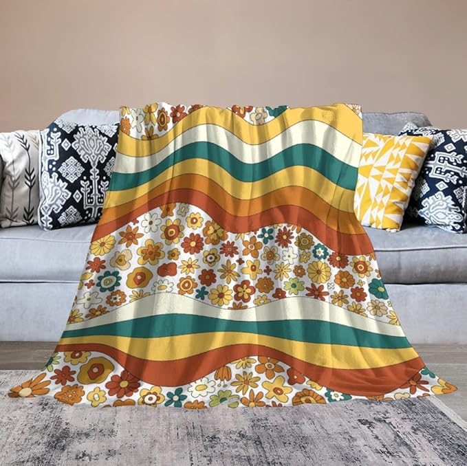 70s Retro Floral Throw Blanket, Boho Groovy Wavy Geometric Hippie Cute Flowers Yellow Orange Abstract Print Blanket for Holiday Theme Home Decor Bedding Couch and Gift 30"x40"