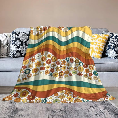 70s Retro Floral Throw Blanket, Boho Groovy Wavy Geometric Hippie Cute Flowers Yellow Orange Abstract Print Blanket for Holiday Theme Home Decor Bedding Couch and Gift 30"x40"