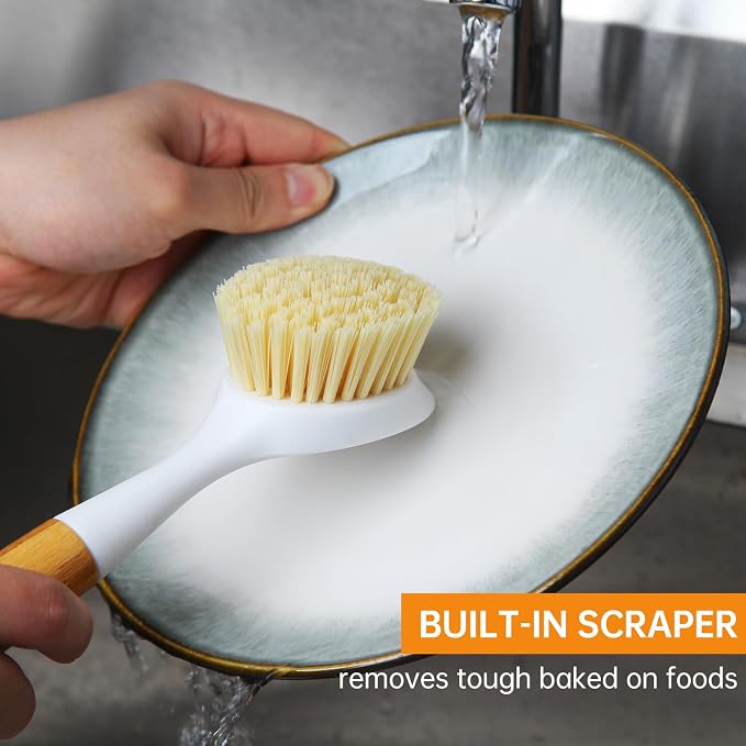 3 Pack Dish Brush Set with Bamboo Handle, Dish Scrubber Built-in Scraper - Image 5