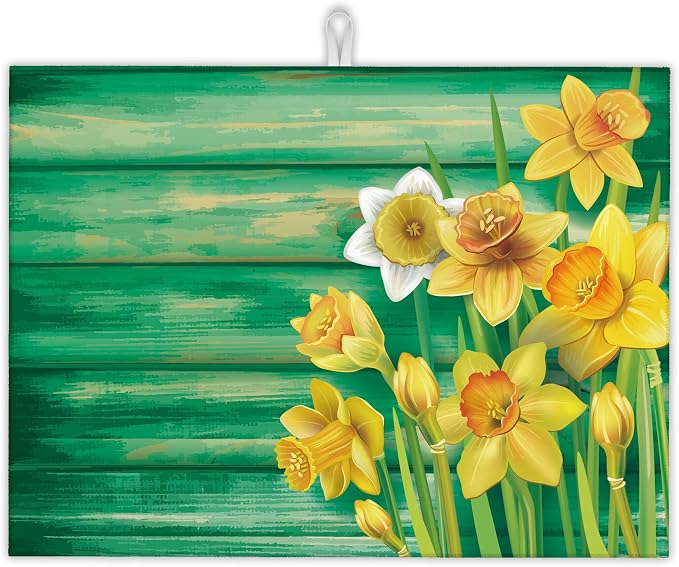 Yellow Daffodils Flowers Dish Drying Rack Mats Decor, Dish Pad Drying Mat by UIUPRO