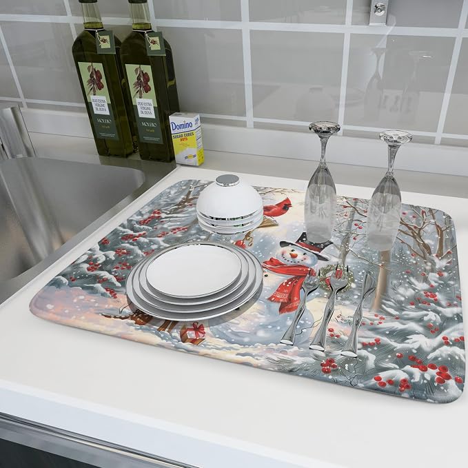 Winter Snowman Dish Drying Mat for Kitchen Counter Red Bird Berry Dishes - Image 6