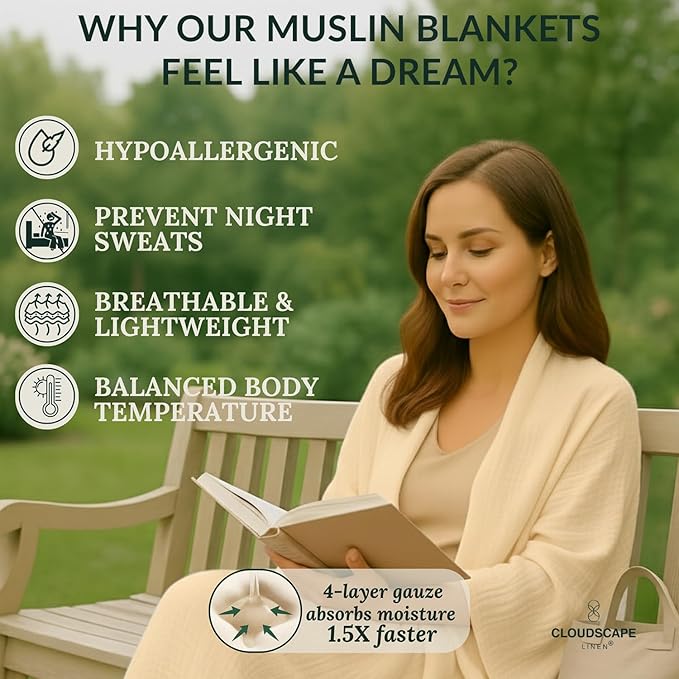 Cloud Scape Linen Extra Large 4 Layer Muslin Throw Blanket - 100% Cotton Gauze, Lightweight & Breathable All Season, Pre-Washed, for Couch & Bed, 50x70, Ivory