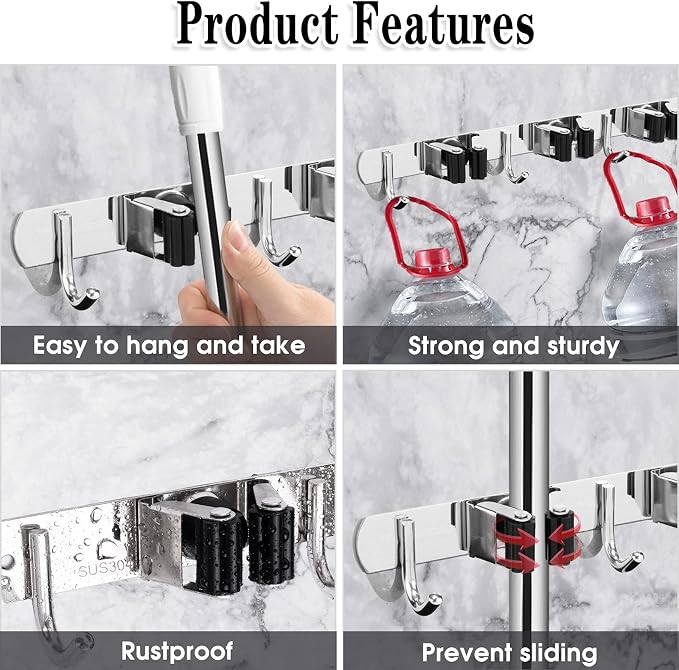 3 Racks and 4 Hooks Broom and Mop Holder Wall Mounted Garage Organizer Storage - Image 2