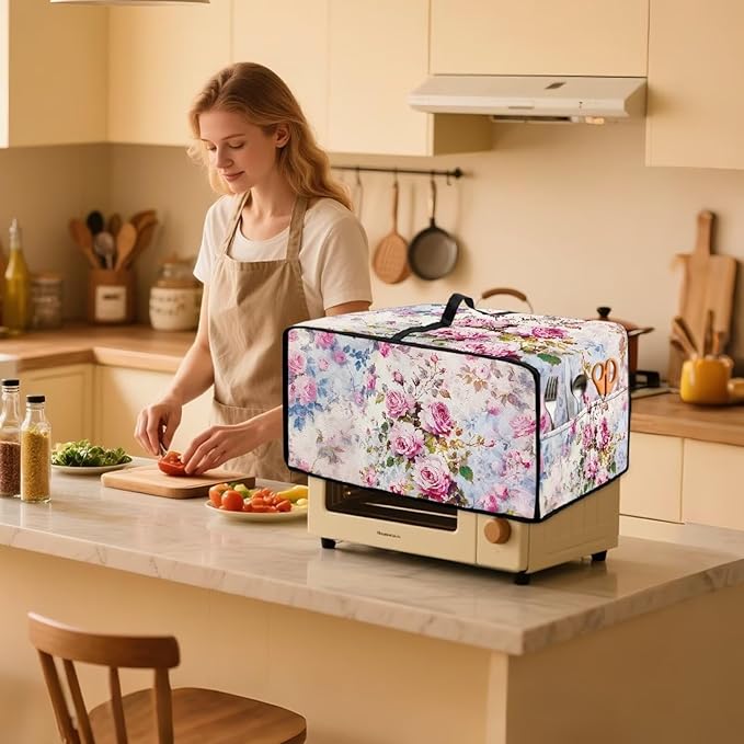 Toaster Oven Dust Cover with Pockets, Stain-resistant Kitchen Electrical Appliance Cover Countertop Ovens Decorations, S, 14.5" x 18.5" x 9", Retro Rose Pink