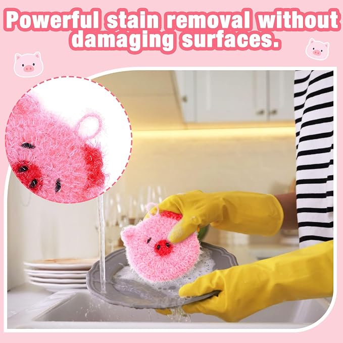 6 Piecs Cute Pig Shape Dish Sponge Dual Sided Non Scratch Pig Dish Washing - Image 3