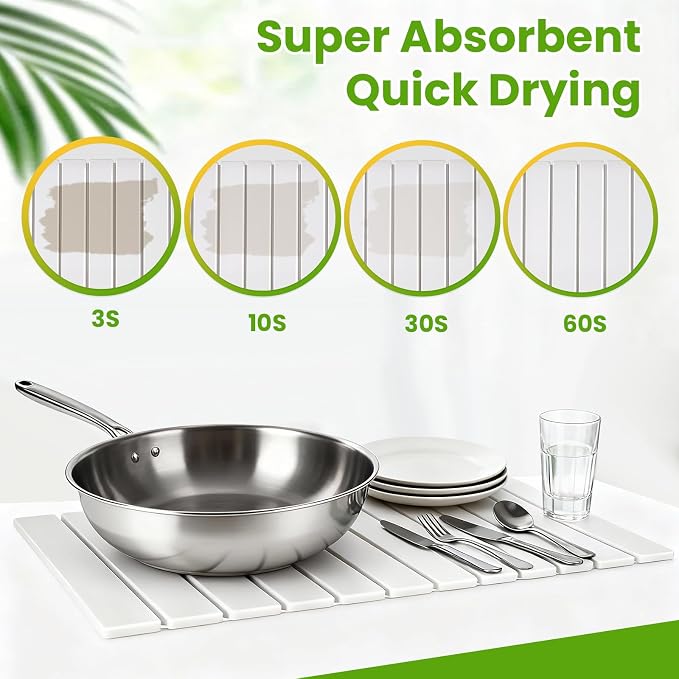 Stone Dish Drying Mat for Kitchen Counter, Super Absorbent Diatomaceous Earth - Image 3