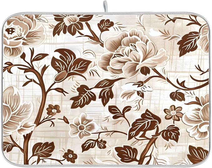 Brown Beige Floral Leaves Dish Drying Mat by BOENLE-WELCOMEYOURCOMING