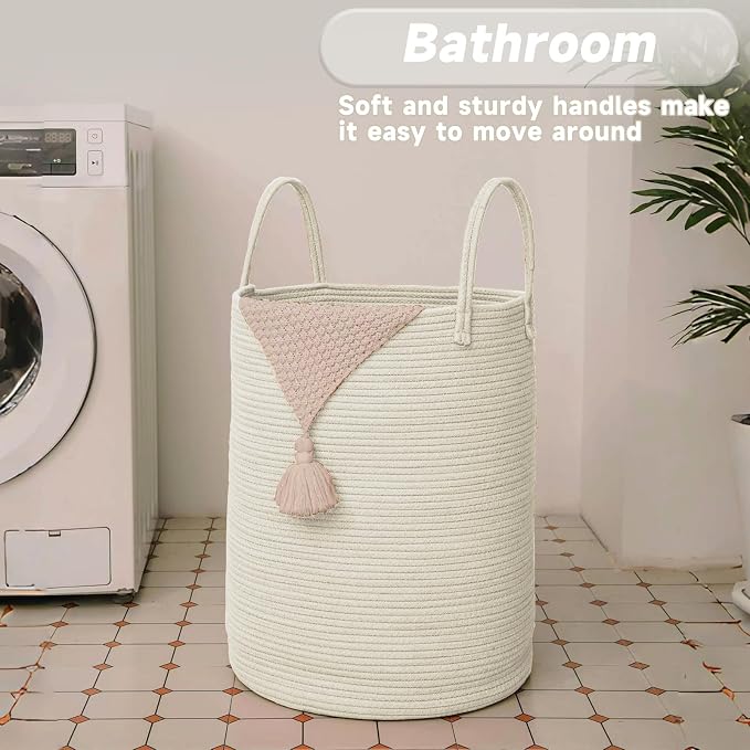 Large Woven Laundry Basket Hamper, 100L Cotton Rope Storage Bin - Image 5