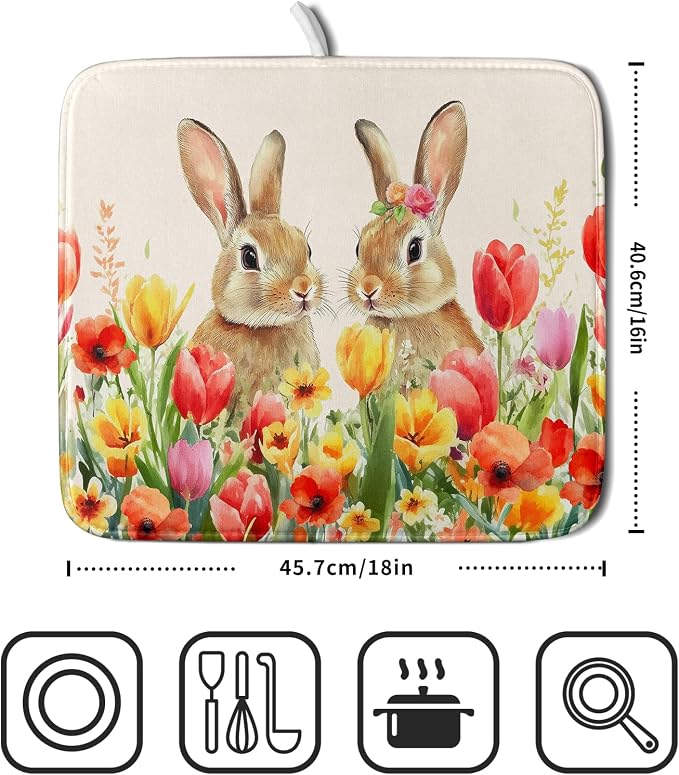 Easter Bunny Dish Drying Mat 16x18 inch Spring Floral Drying Pad Holiday - Image 2