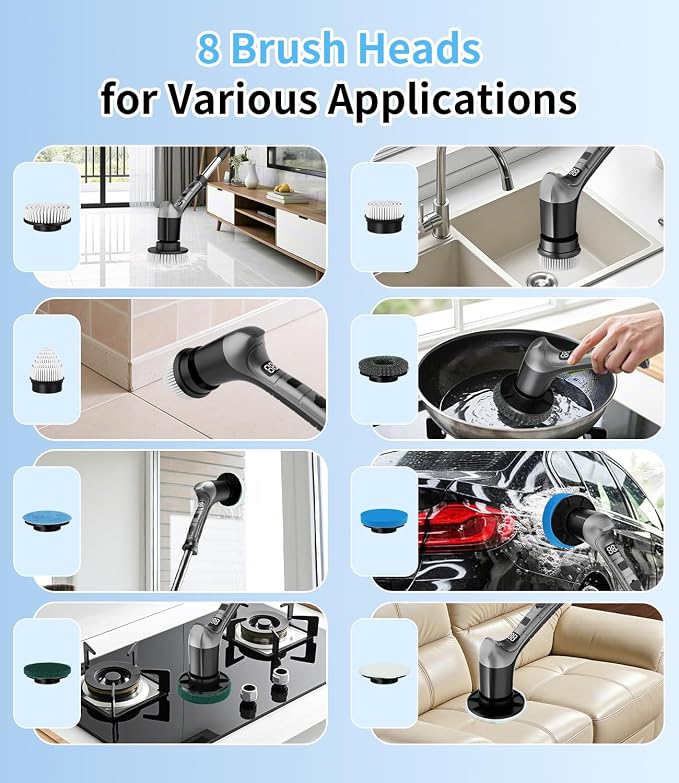 Electric Spin Scrubber with 3 Speed, Adjustable Extension Handle, 8 Brush Heads - Image 8