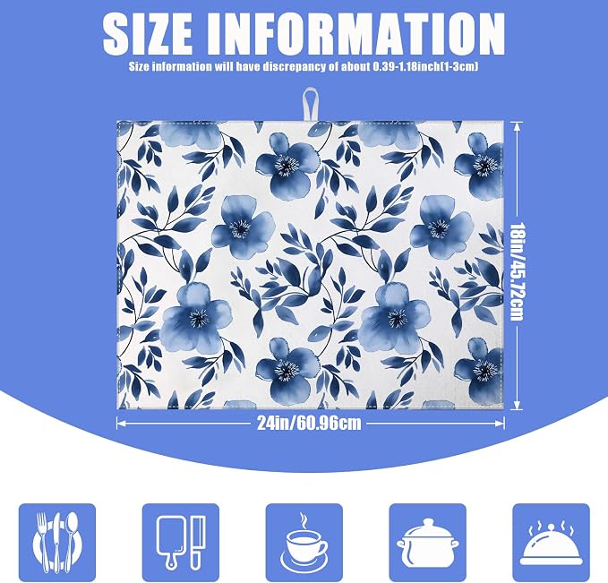 Blue Floral Dish Drying Mat for Kitchen Counter Flower Leaves Drying Pad - Image 2