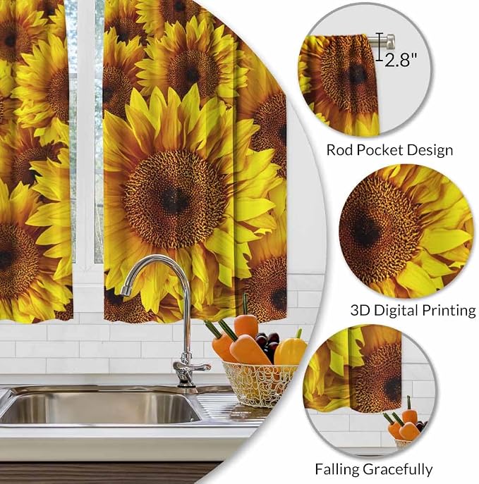 Sunflower Kitchen Curtains Vintage Rustic Grunge Flowers Field Blooms Yellow - Image 3