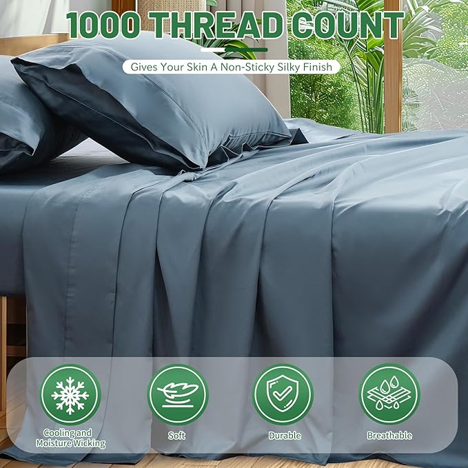 1000 Thread Count Egyptian Cotton Sheets Queen Size Set 4PCS Sateen Weave Soft Breathable 16-Inch Deep Pocket（Queen,Dusty Blue）