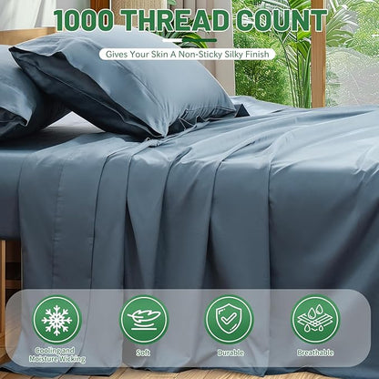 1000 Thread Count Egyptian Cotton Sheets Queen Size Set 4PCS Sateen Weave Soft Breathable 16-Inch Deep Pocket（Queen,Dusty Blue）