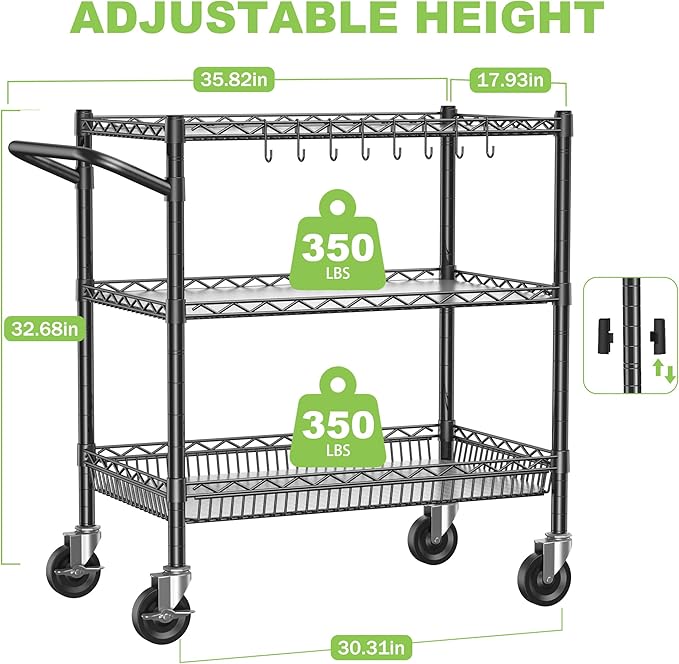 3 Tier Metal Cart with Wheels, Heavy Duty Utility Rolling Cart 1050lbs - Image 2