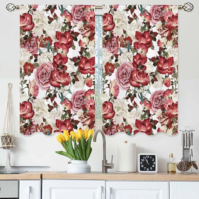 Vintage Floral Kitchen Curtains Red Pink White Peony Roses Bouquet Short Tier by Unknown